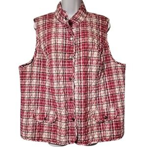CJ Banks Vest Women's 1X Pink Plaid Quilted Snap‎ Up Cotton Pockets